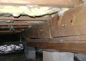 sagging crawl space with wooden shimming a Columbia crawl space